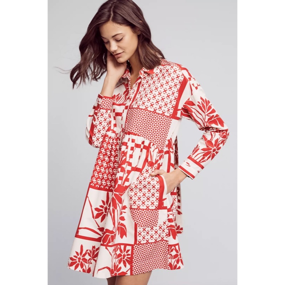 Anthropologie Maeve Red White Cotton Printmaker Poplin Long Sleeve Shirtdress L